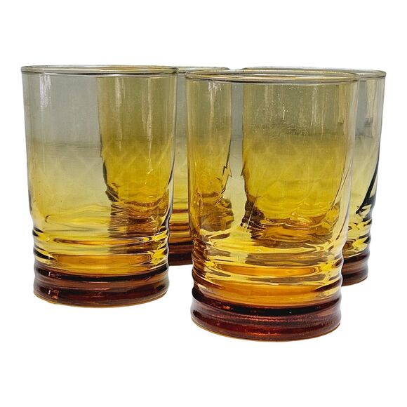 Vtg Amber Juice Glasses Tumbler Set Of 4 Optic Swirl by Libbey Malibu Honeycomb - Picture 11 of 14